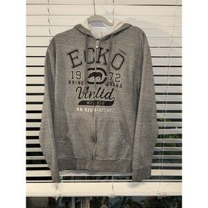 VINTAGE ECKO Unltd Sweater Mens L Gray Black Full Zip Hoodie Rhino Logo Y2k